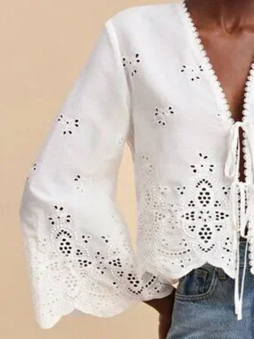 ZARA White Casual Women's V Neck Flare Sleeves Blouse